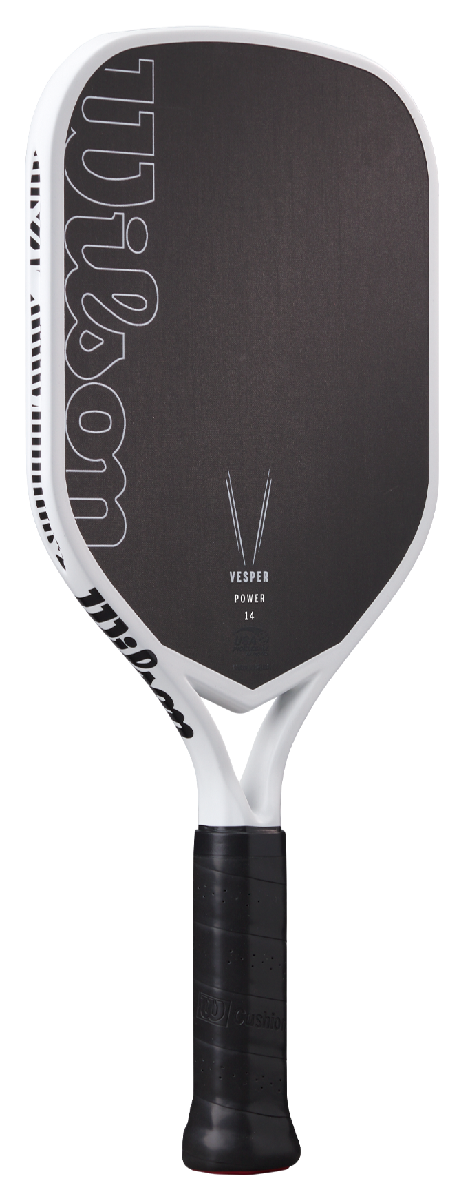 The Royal Pickleball Wilson Vesper Power 14MM is a carbon fiber paddle in black and white, featuring a black face, white edge and handle, “VESPER POWER 14” centered text, partial Wilson logo left side, and textured black grip.