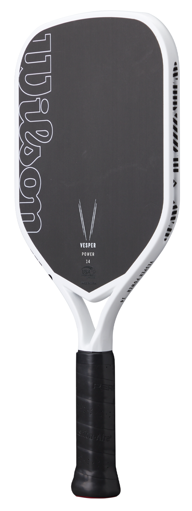 The Royal Pickleball Wilson Vesper Power 14MM paddle features a carbon fiber black face with white edges, a large white Wilson logo on the left, black grip tape on the handle, and is labeled for enhanced spin control.