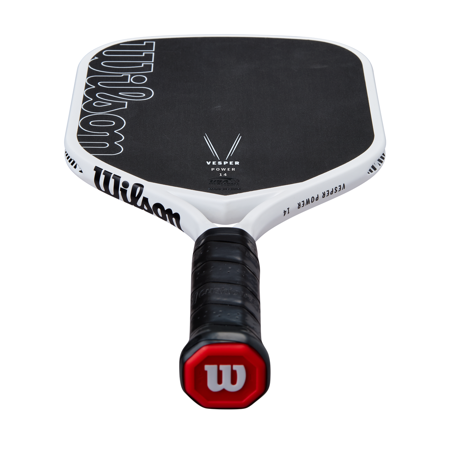 A black and white Royal Pickleball Wilson Vesper Power 14MM carbon fiber paddle is pictured from the handle end, showing a black grip, red Wilson logo on the butt cap, and bold “Vesper Power 14MM” branding for excellent spin control.