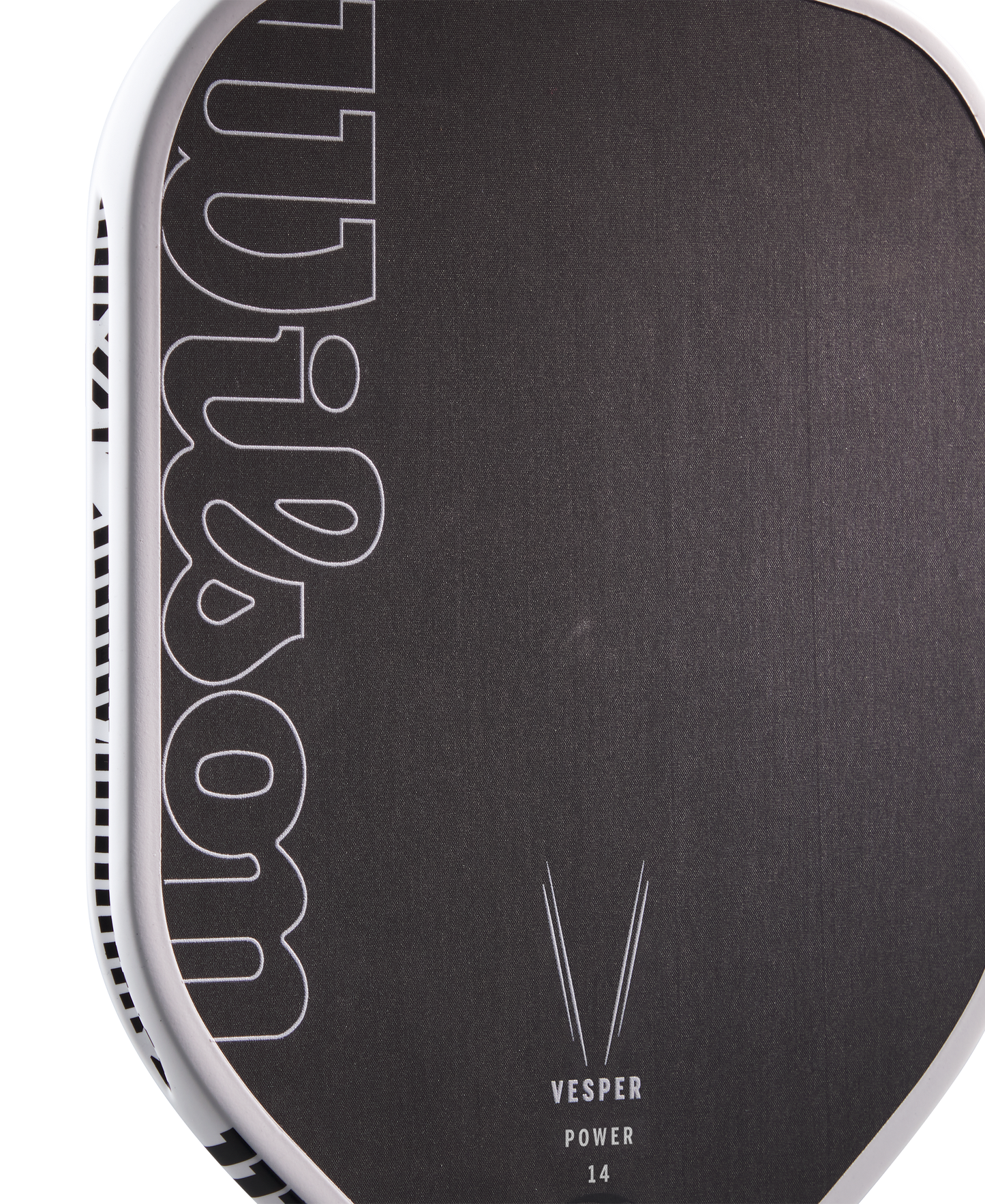 Close-up of the Royal Pickleball Wilson Vesper Power 14MM paddle in dark gray carbon fiber with a white Wilson logo, stylized VESPER POWER 14 graphic, and a white edge guard featuring a black abstract pattern.