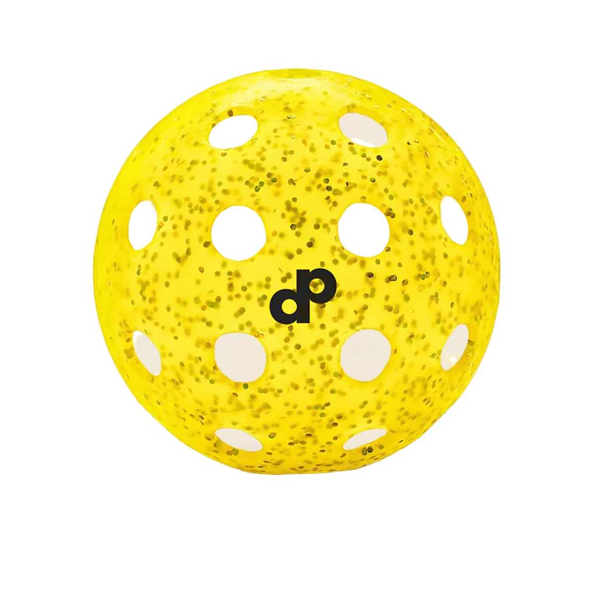 The Dope Pickleball Co. Yellow Glitter-Infused Pickleball Ball features black speckles, circular holes, and a black dp logo. Its GlitterTech design boosts visibility against white backgrounds.