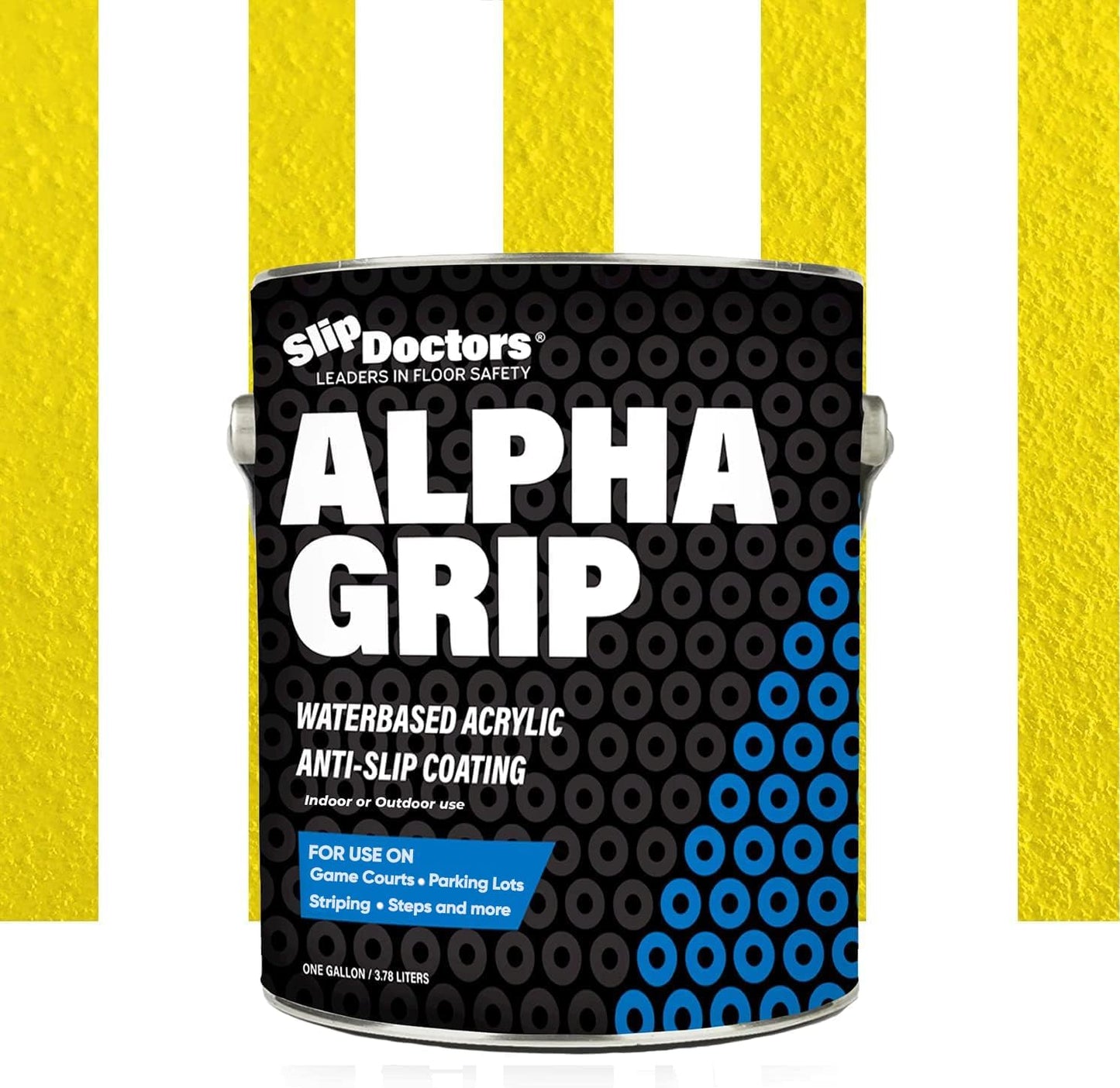 A can labeled SlipDoctors Alpha Grip Non-Slip Stripe and Athletic Court Paint displays a black and blue circle design, states Waterbased Acrylic Anti-Slip Coating for indoor/outdoor use, and has a background of vertical yellow and white stripes.
